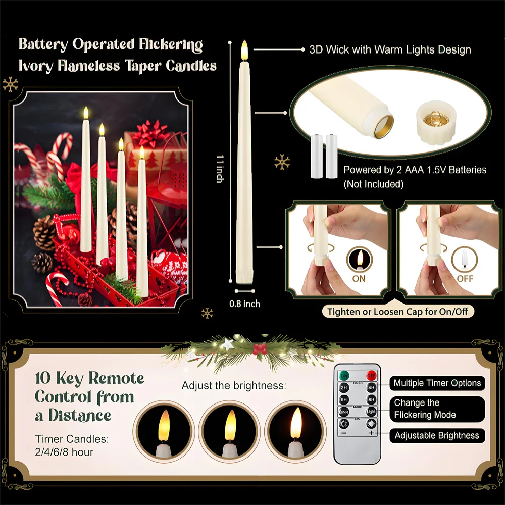 12-48PC Long Christmas LED Candle Flameless with Remote Battery Powered Church Flickering Warm White Light Home Table Decoration