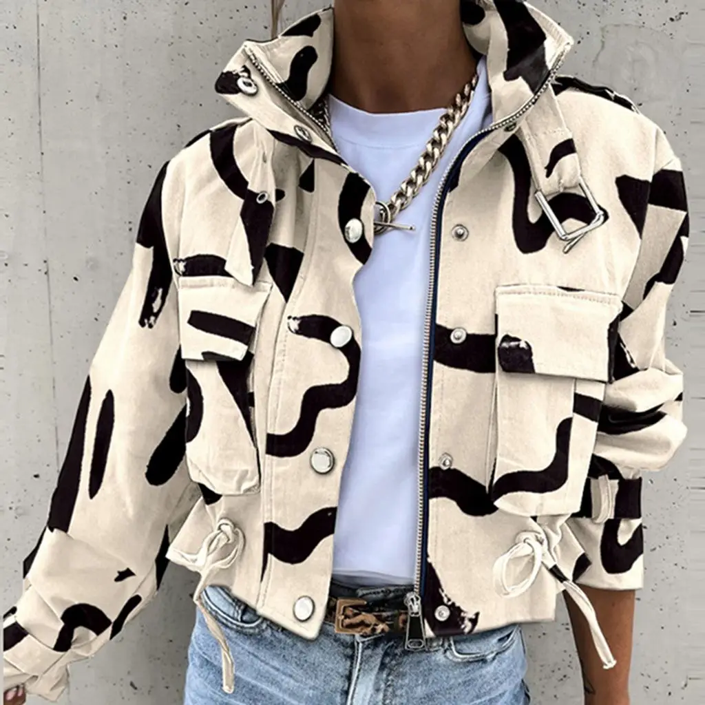 Women's New Fashionable Printed Short Casual Jacket Ladies' Autumn Rivet High Neck Long Sleeved Single Breasted Jacket