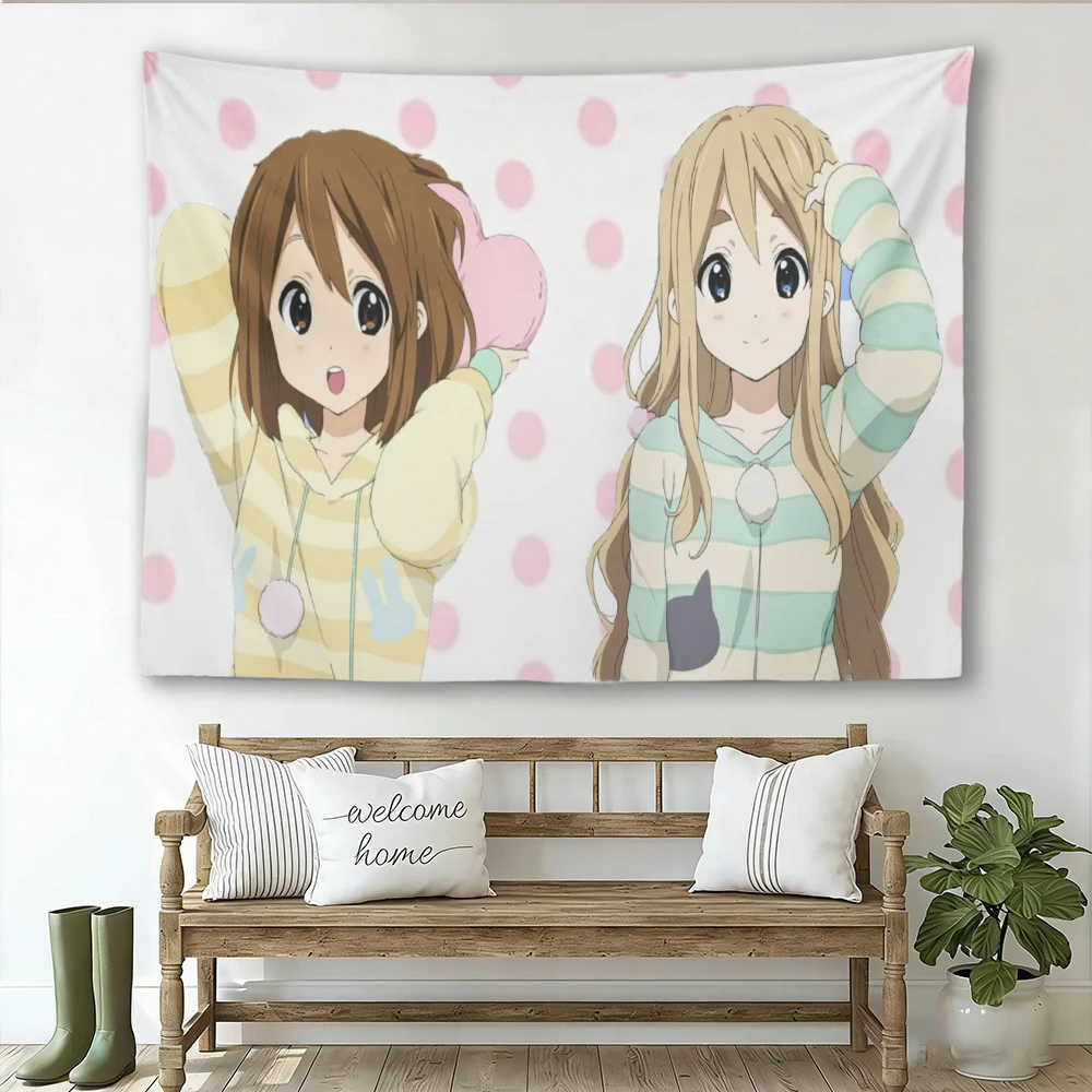 K-ON! Yui & Tsumugi Tapestry, Cute Anime Girls Wall Hanging, Pink Polka Dot Decor for Bedroom Dorm, Kawaii Otaku Room Art