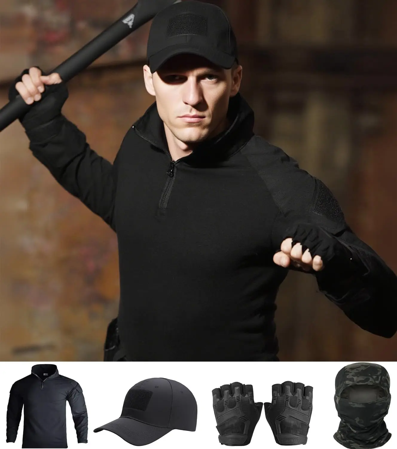 رجل التكتيكية كامو قميص مجموعة تنفس الملابس القتالية مع 1/4 البريدي طويلة الأكمام قميص كاب قفازات بالاكلافا الادسنس معدات الصيد #5