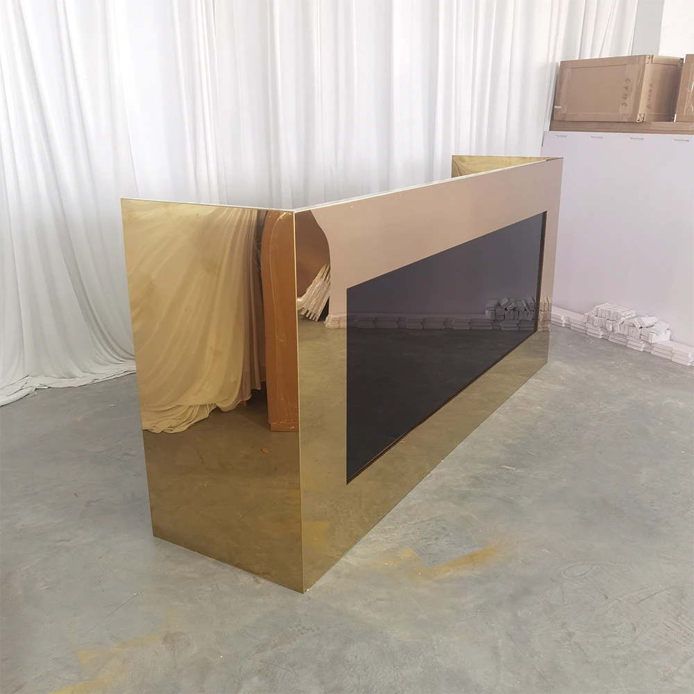 Shiny Rectangle Black Acrylic Gold Frame Hotel bar table with copper coins pattern bar counter