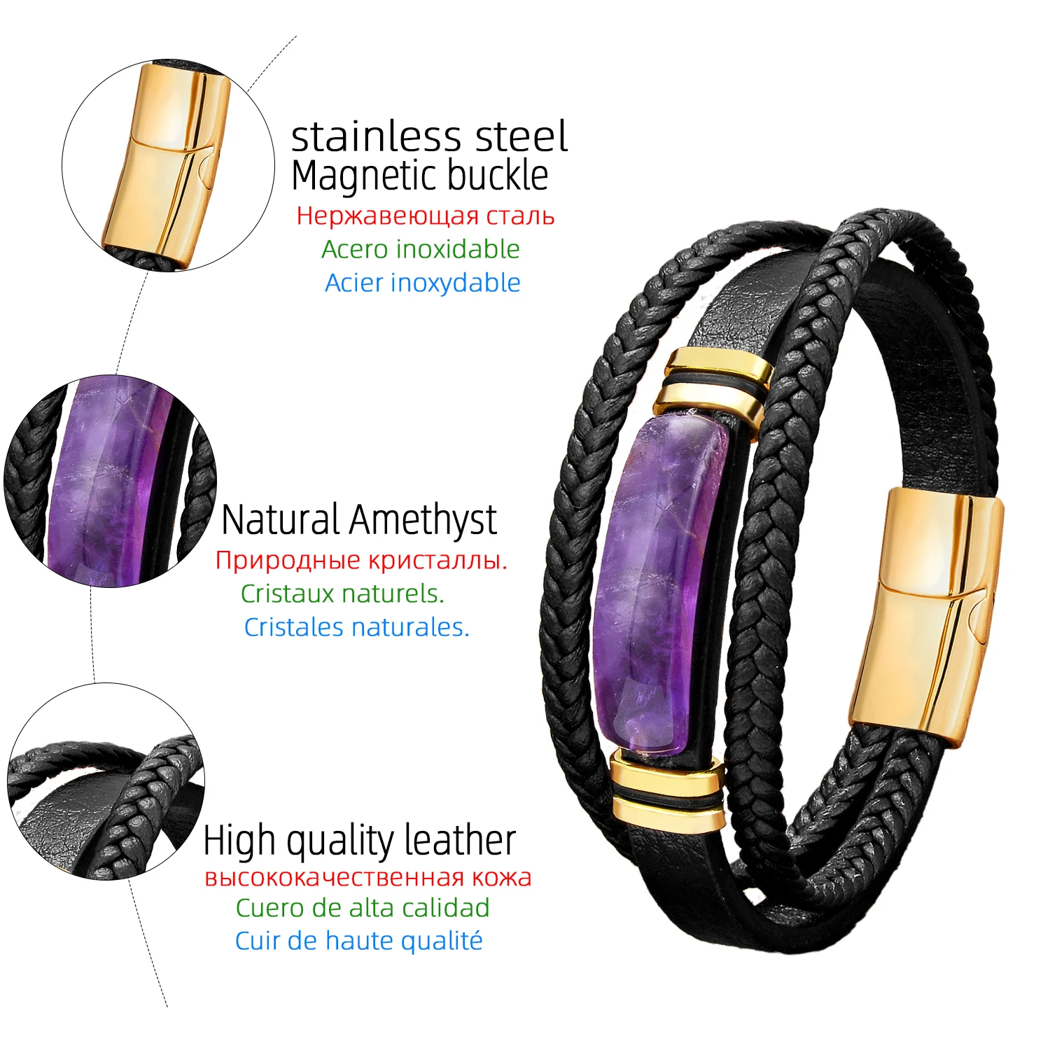 Luxury Natural Amethystine Stone Bracelets Men Women Design Crystal Bracelet Multilayer Leather Bangles Stainless Steel Jewelry