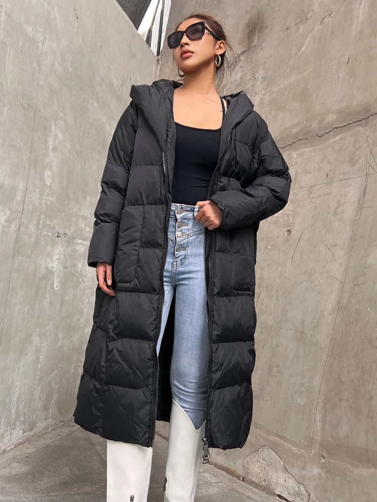 TWOTWINSTYLE Black Puffer Jacket Female Hooded Collar Long Sleeve Solid Minimalsit Zipper Winter Coat For Women Clothing Fashion