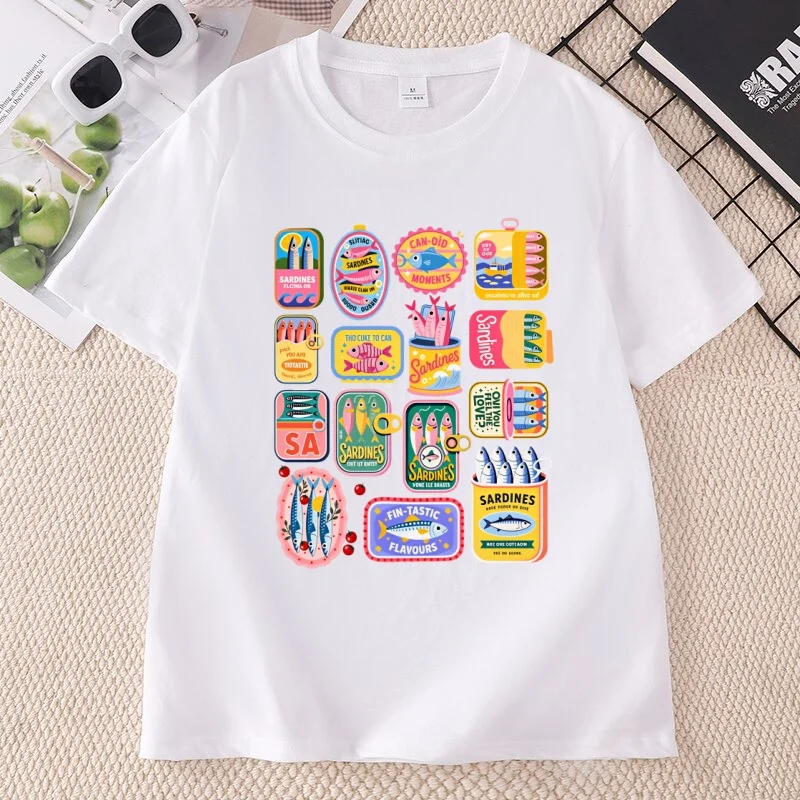 Sardines T Shirt Comfort Sardine Can T-Shirt Women Retro Tin Fish Food Tshirt Coastal Aesthetic Tee Woman Clothing