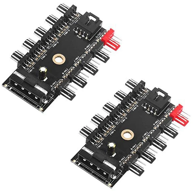 2 Pcs Molex Powered Fan Hub 4-Pin 10 Port 12V 4 Pin Fan PWM Hub Molex Controller PC Chassis Fan Hub