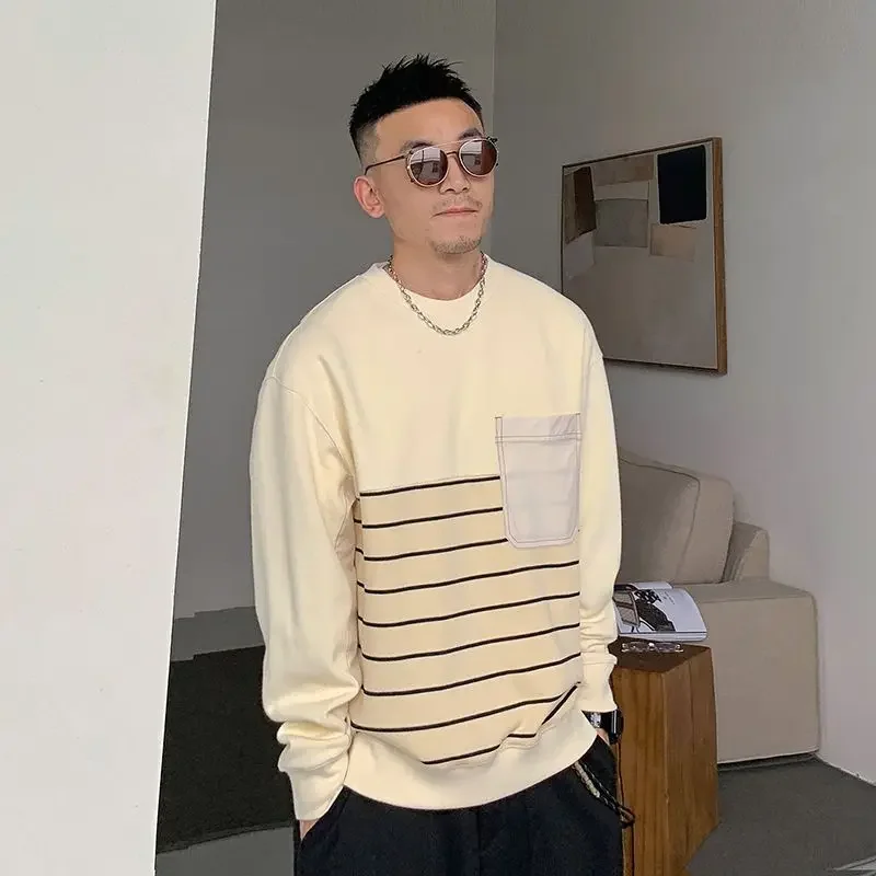 Fashion O-Neck Spliced Pockets Striped Tee Shirt Men's Clothing Autumn Winter New Casual Pullovers Loose All-match T-Shirt