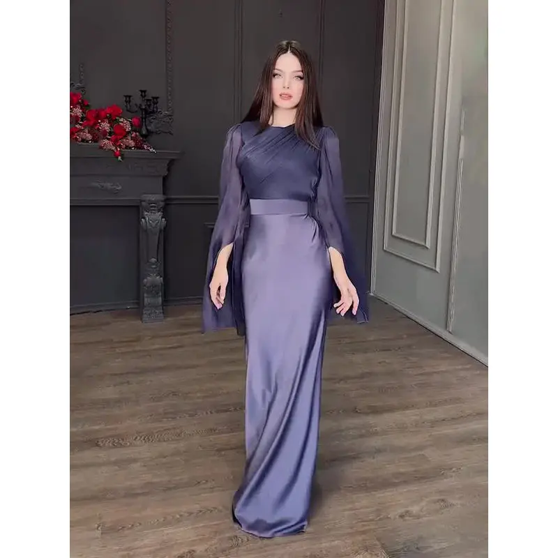 

Модное длинное платье макси с длинными рукавами, облегающее, из атласа и стеклянного кружева, элегантное вечернее платье, женское модное длинное платье