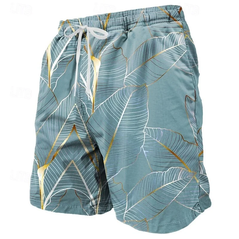 3D Printed Colorful Leaves Short Pants For Men Plant Stripes Pattern Beach Shorts Summer Casual Street Breathable Swim Trunks