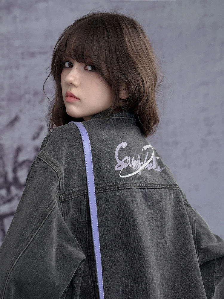 Dophee Streetwear Sweet Girl Graffiti Denim Jacket All-match Spring Autumn Loose Jacket Casual Long Sleeve Women Cardigans Coat