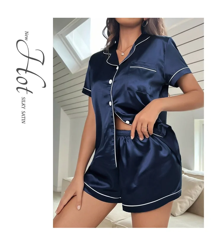 Luxuriöser Satin-Pyjama für Damen, Umlegekragen, Knopfleiste und Shorts, Nachtwäsche und Loungewear für den Sommer, Heimkleidungsanzug – Detail 31