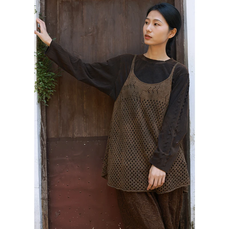 

Turn Blue Original Design Vintage Waed Cotton Linen Loose Fit Hollow out Strap Vest Spring New Sle Commute Sle Color