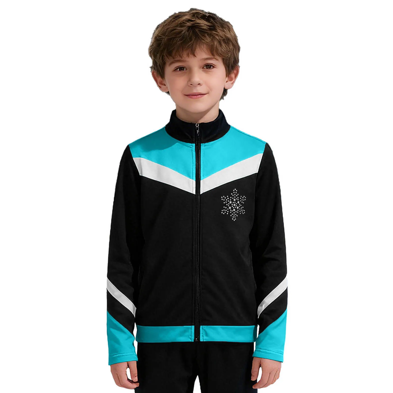 Costume d'entraînement de patinage artistique pour enfants garçons, doublure polaire à manches longues, strass brillants, flocon de neige, veste bloc de couleur, vêtements de danse