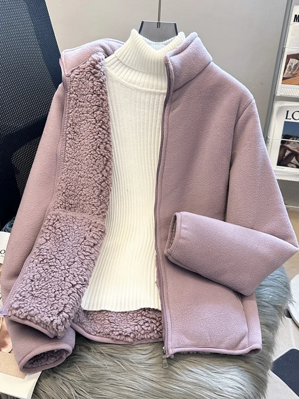 Women's Thickened Short Plush Jacket Stand Collar Warm Top Fashionable Autumn Winter New Arrival Casual Loose Fit Zipper Closure