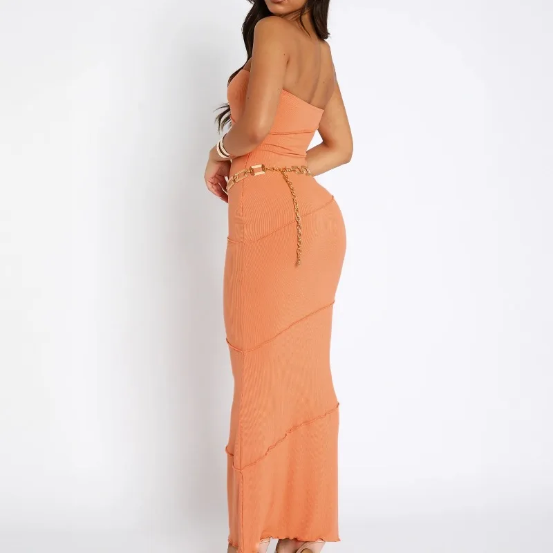 2024 Summer New Dresses for Women Fashion Sexy Strapless Solid Color Ribbed Slim Fit Sleeveless Bodycon Maxi Dress