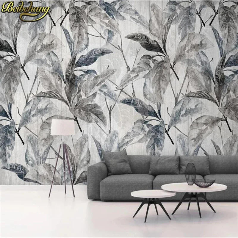 custom Custom Mural Wallpaper Modern Black white leaves wooden board vintage photo wallpapers living room background Stickers