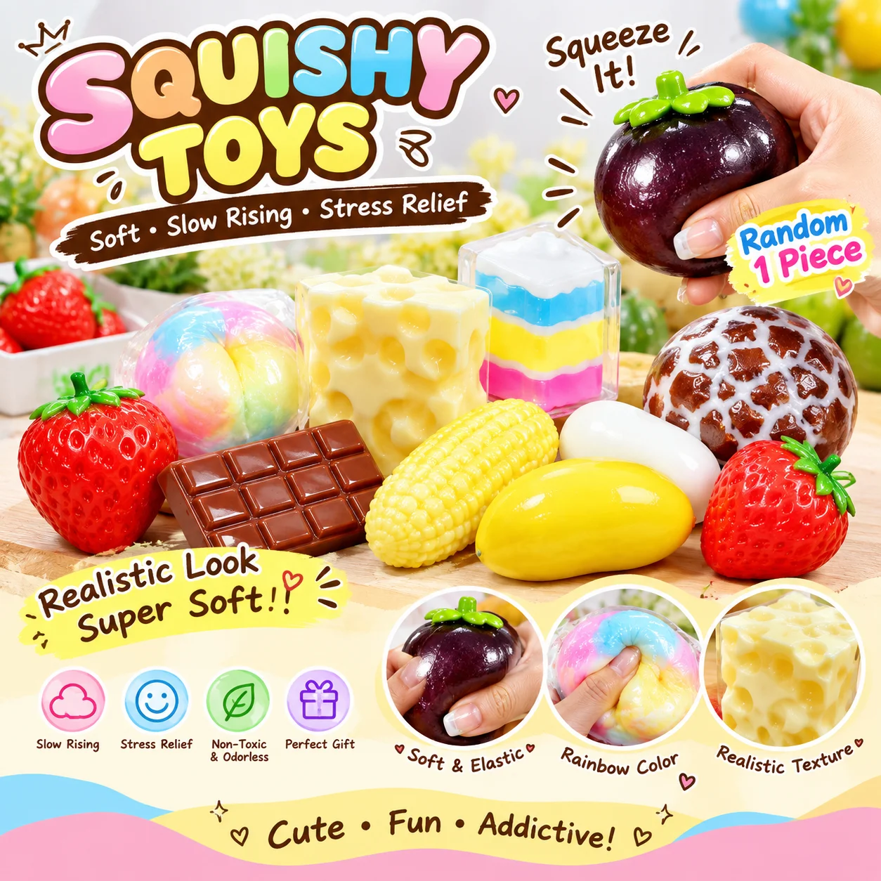 NEEDOH Cute Food Squishy Toys Slow Rising Squeeze Stress Relief Decompression Sensory Toy Soft Fruit Cake Chocolate Corn Ice
