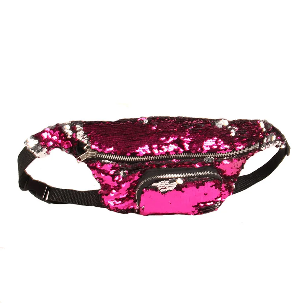 

Sequins Waist Bag Rose Red Silver Adjustable Waist Pack for Women Multifunctional Makeup Fanny Pack Casual Storage