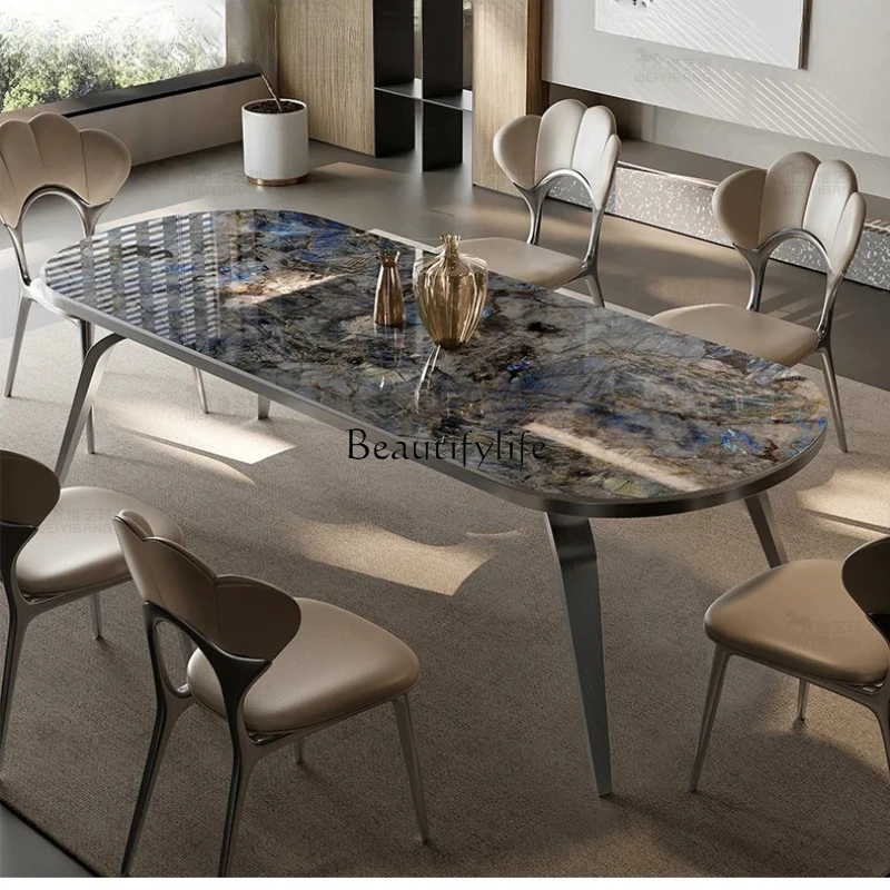 

Italian light luxury stone slab dining table large apartment luxury hotel commercial rectangular marble dining table