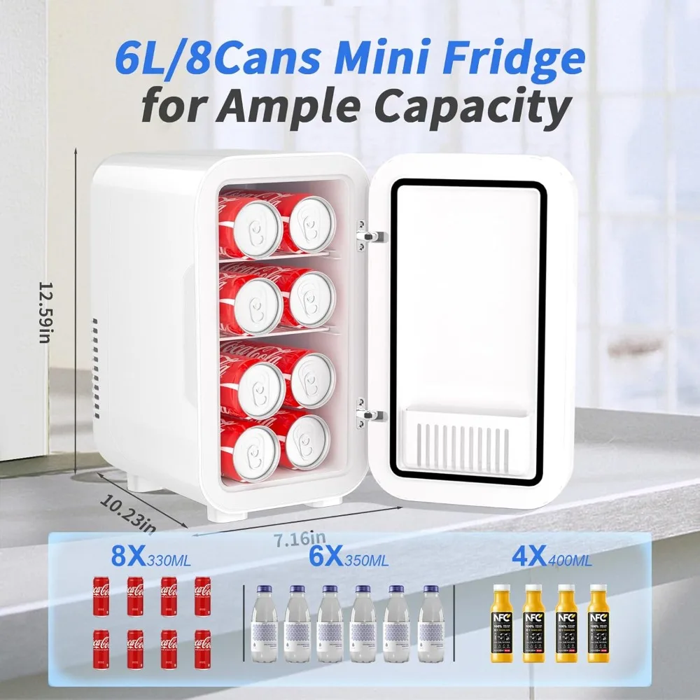 Innovatives Design – Weißer Mini-Kühlschrank, 6 Liter/8 Dosen, 110 V AC/DC, tragbare thermoelektrische Kühler-Kühlschränke für Schlafzimmer, Hautpflege