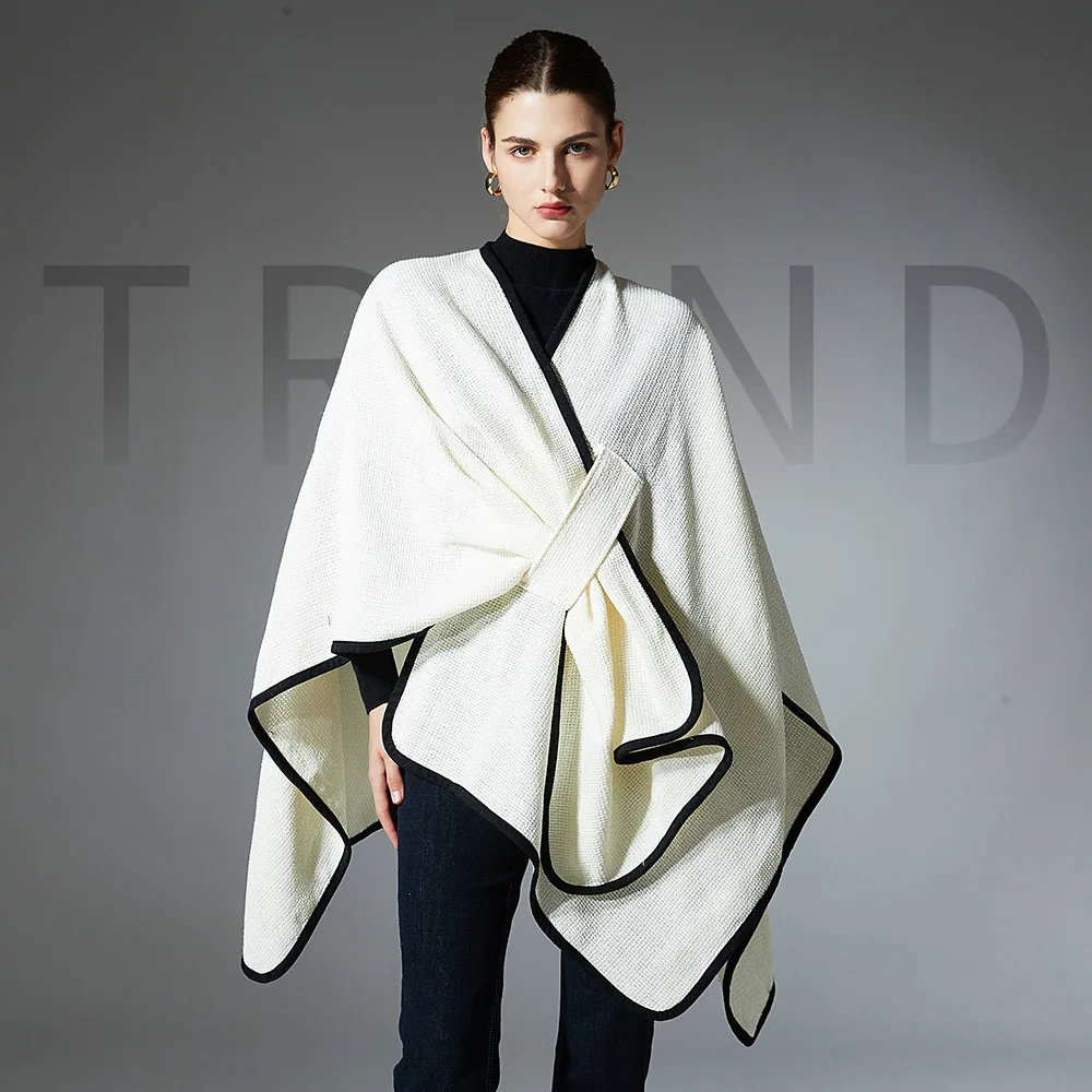 

Fashion Loose Slim Side Strap Woven Cape Outerwear Women Spring Autumn Winter Long Poncho Party Travel Office Cloak Noble