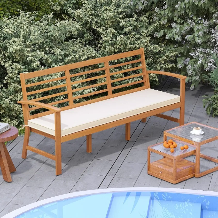 64 Inch Patio Acacia Wood Bench 3Seat Extra Long Chair with Cushion Slatted Seat Backrest 3Person Outdoor Wood Bench for Backya