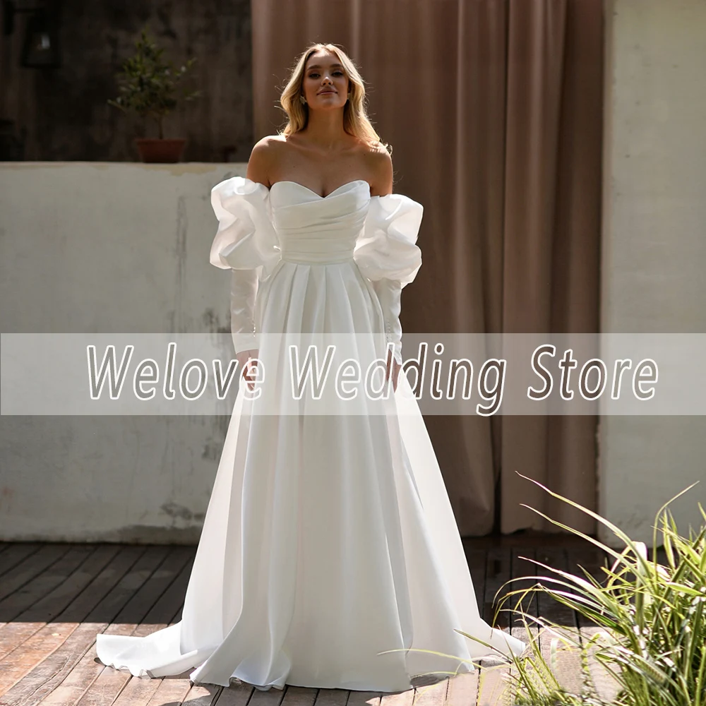 Formal White Wedding Dress With Long Sleeve Sweetheart Neck Sweep Train Pleat Corset Bridal Gown For Bride Vestido De Novia 2024