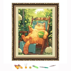 Cross Stitch Embroidery Kit Summer Yellow Cat Animal Landscape Thread Drawing DIY Needlework Kit Decorate Printed on Canvas 11CT