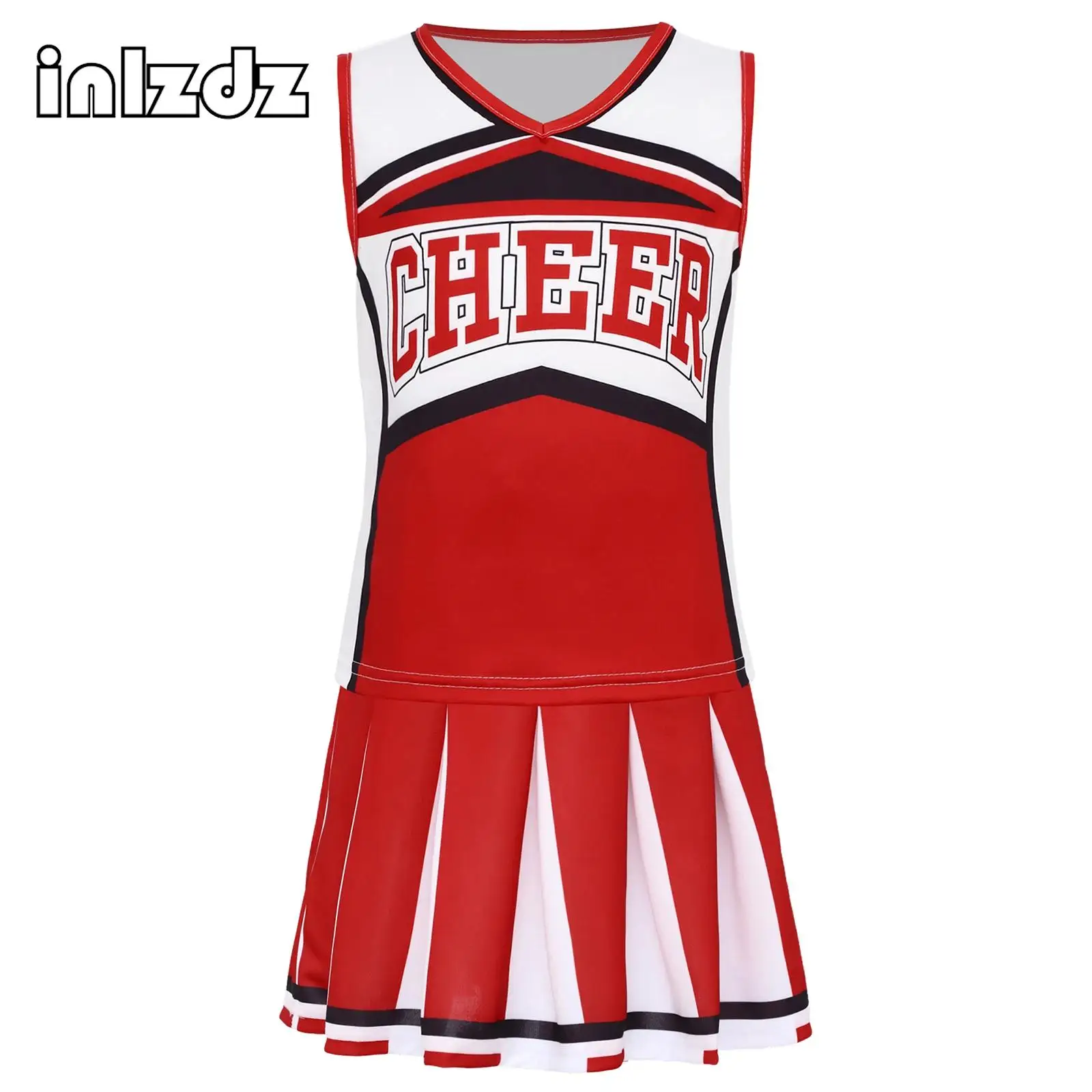 

Girls 2Pcs Cheer Leader Outfit Color Block Sleeveless Top with Skirt Set for Birthday Party Sports Meeting Stage Performance