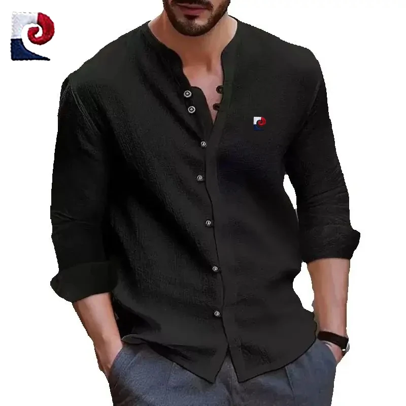 

Новая мужская высококачественная хлопковая рубашка с длинными рукавами в стиле ретро, модная, повседневная, дышащая, крутая рубашка-поло.