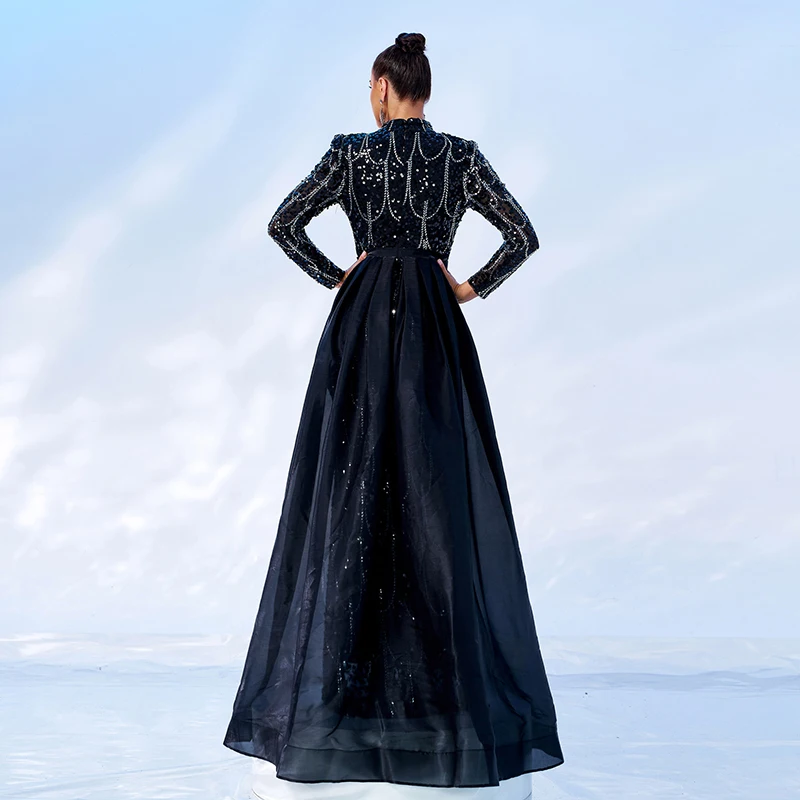 Women Luxury Party Dresses Long Sleeve O Neck Black Sequined Formal Occasion Evening Cocktail Prom Mermaid Dress