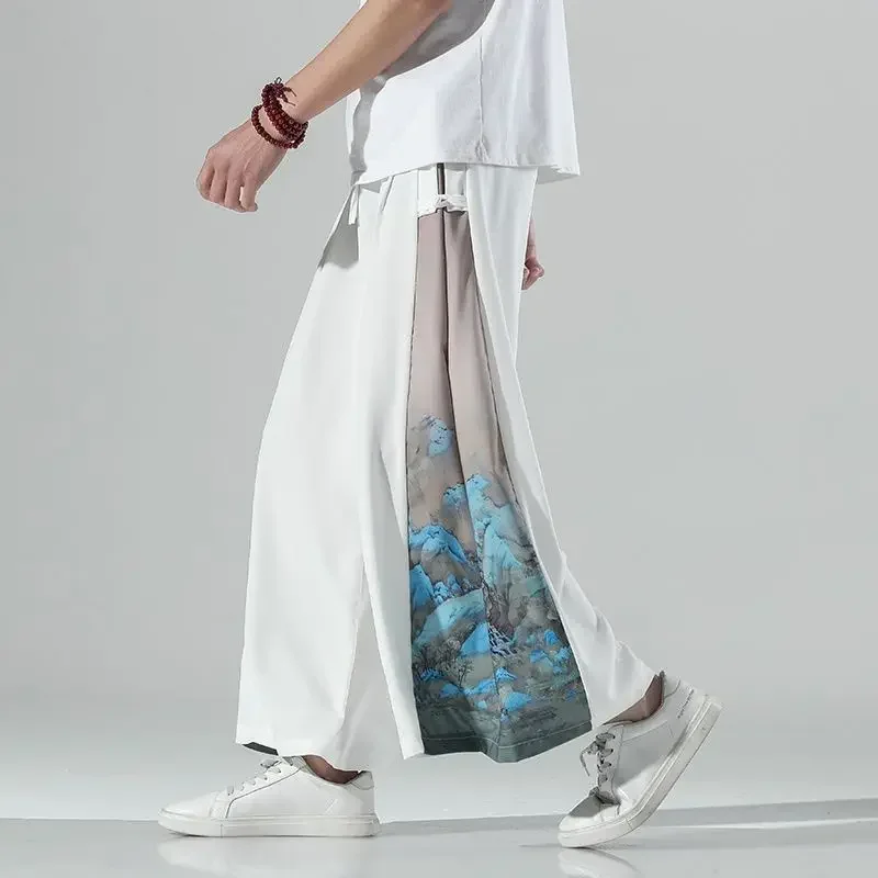 2024 Autumn Harajuku Casual QianLiJiangShan Printed Tang Suit Pants Men Japanese Fashion Loose Wide Leg Pants Plus Size 5XL