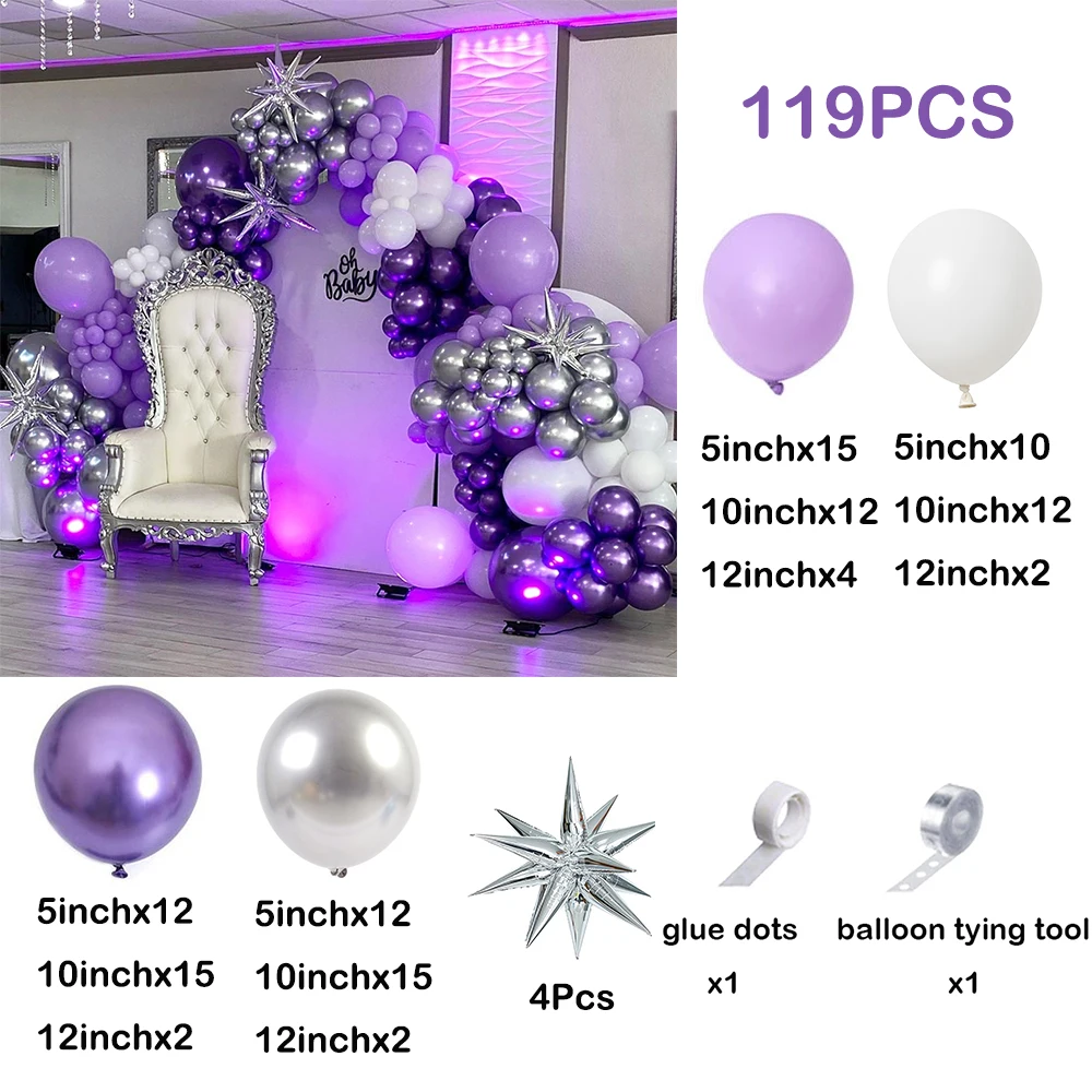 119Pcs Purple White Balloon Arch Metallic Silver Balloons Garland Kit Ballon Wedding Decor Birthday Party Baby Shower Decoration