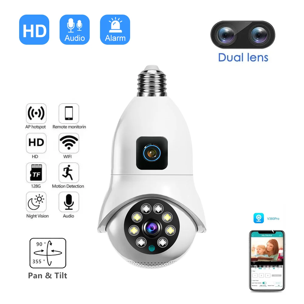 

Dual Lens 2MP WIFI Blub Wireless Camera Motion Detection V380 Pro Home Security Baby Montior Two Way Audio Infrared Wifi Camera