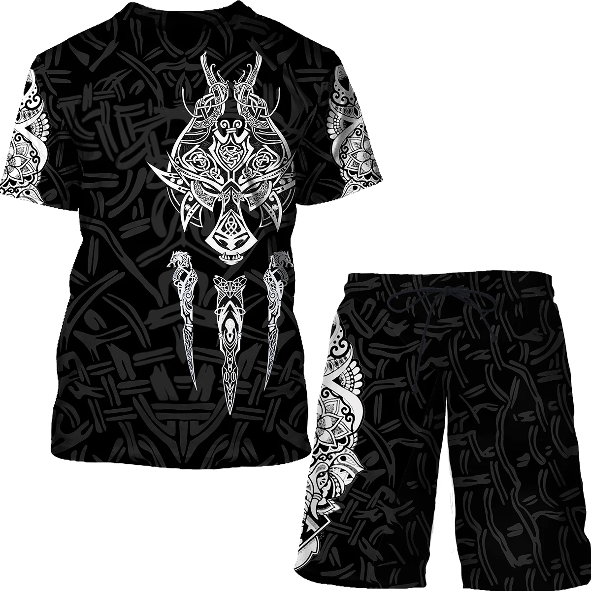 

Nordic Pirates Printing Men's Sports Sets Summer Casual O-neck Loose Short Sleeve Tops Short Sets For Men Outdoor Run Tracksuits