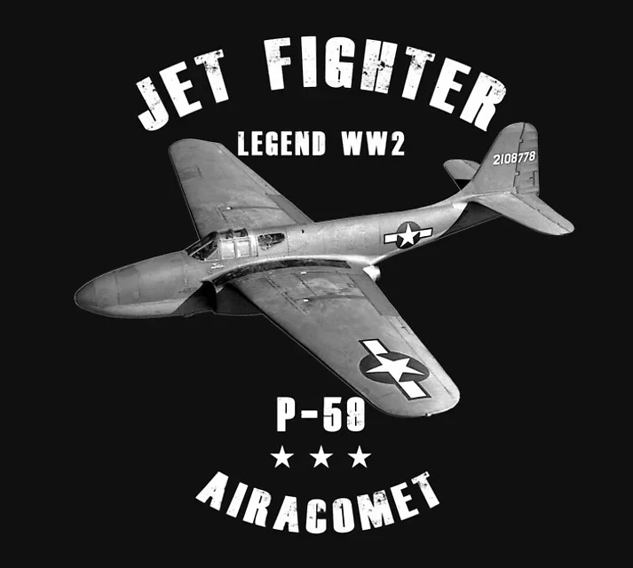تي شيرت الحرب العالمية الثانية للقوات الجوية الأمريكية P-59 Airacomet Jet Fighter. تي شيرت كاجوال جديد 100% قطن بأكمام قصيرة ورقبة دائرية مقاس S-3XL