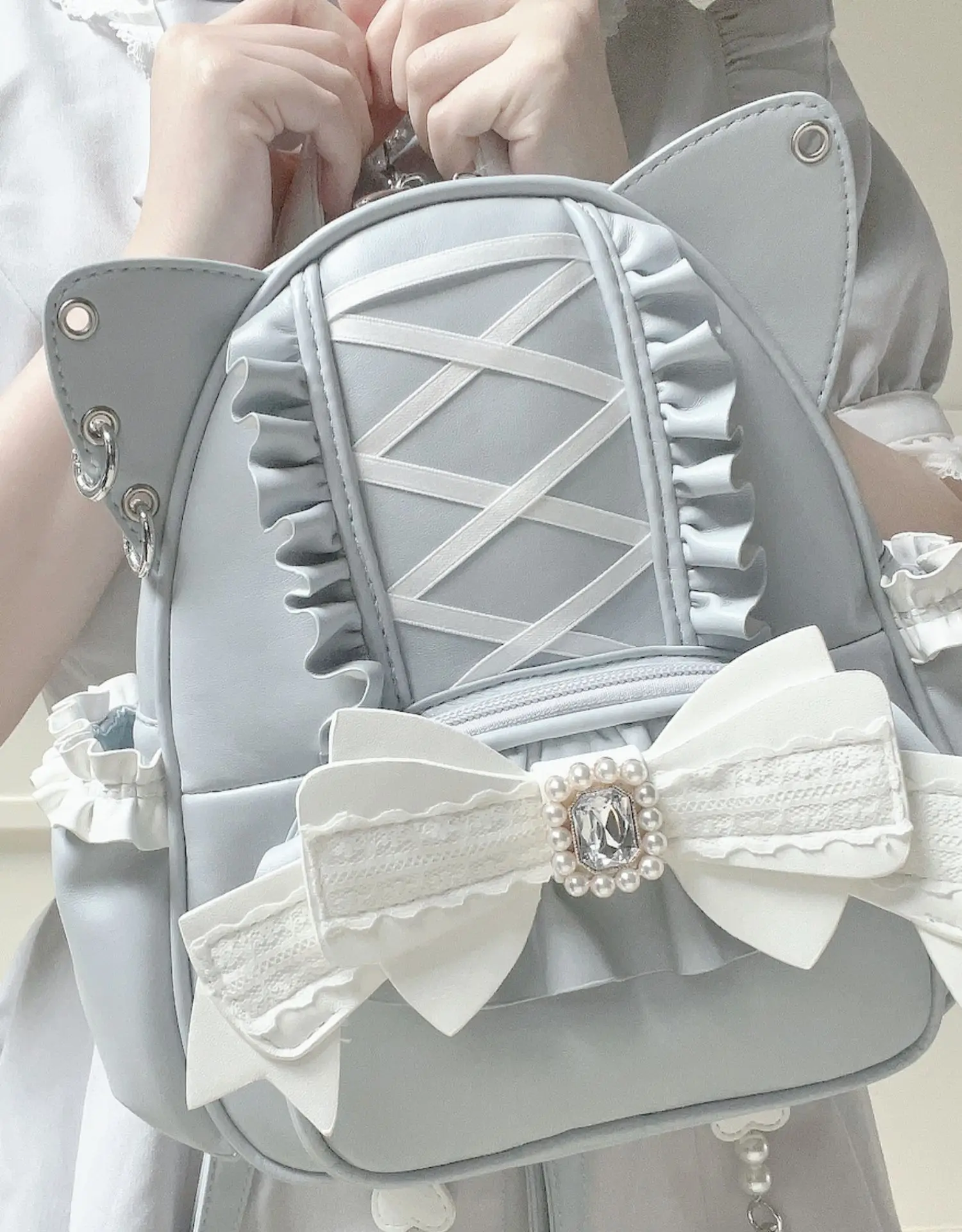 Japanische Subkultur Y2k Rucksack Weibliche Original Katze Ohren Süße Nette Lolita Bogen Strass Rüschen Rand Cross Strap Rucksack Mädchen