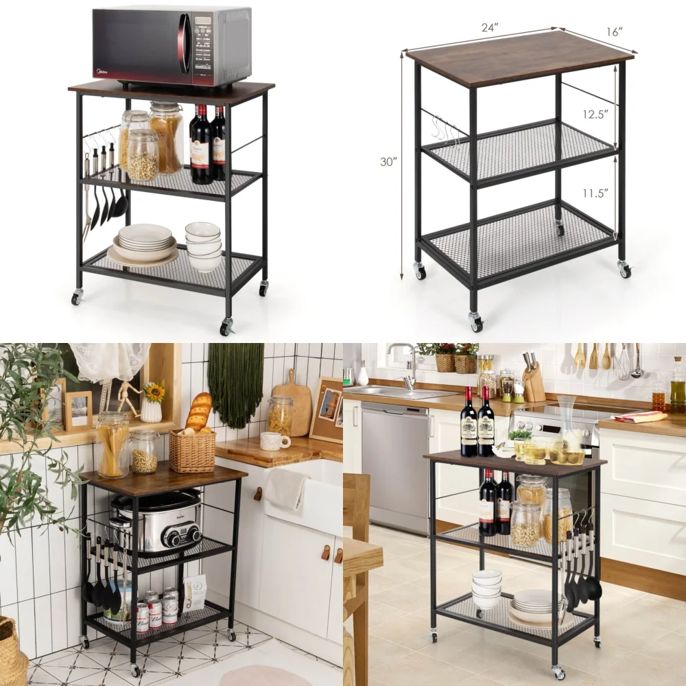 

3 Tier Utility Cart with Wheels Heavy Duty Storage Trolley for Kitchen Garage Workshop Industrial Use Black