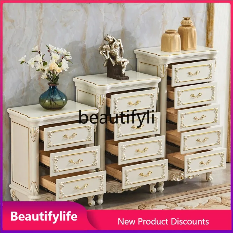 

a44 European Style Three-Drawer Cabinet Solid Wood White Carved Storage Cabinet Tall Bedroom Bedside Table