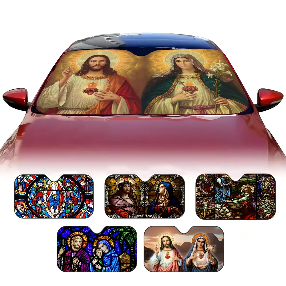 Jesus Christus Custom Cartoon Anime Auto Windschutzscheiben-Sonnenschutz, faltbarer Sonnenschutz, Autofenster-Sonnenschutz