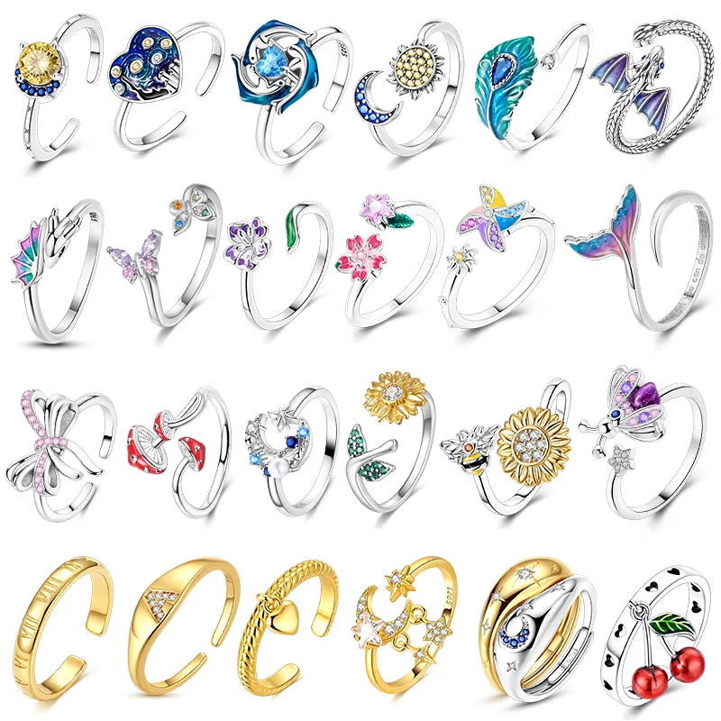 Originaler Ring aus 925er Silber mit funkelnden Kirschfedern und Blumen, offene Ringe für Frauen und Mädchen, Schmuck, Geburtstag, Jahrestag, Verlobungsgeschenke