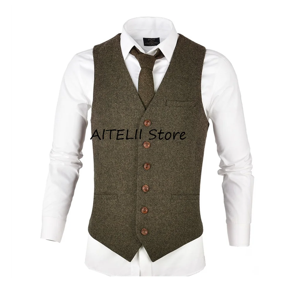 

Мужской классический жилет из ткани «елочка», костюм-жилет, мужские формальные жилеты с v-образным вырезом, костюмы с разрезом и карманами, повседневные однобортные рабочие мужские костюмы