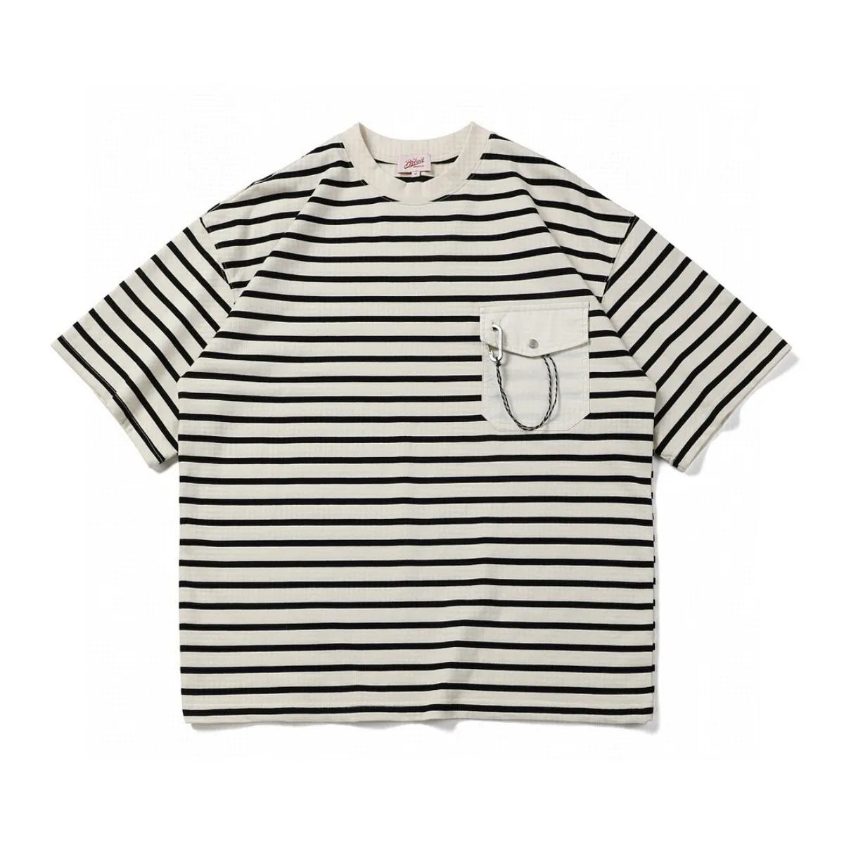 Japanese Retro Texture Striped Round Neck Short Sleeved T-shirt Pocket Men's Summer Loose Casual Contrasting Tees