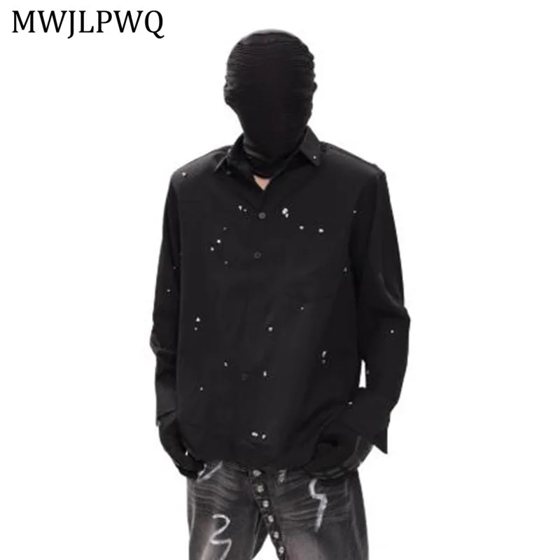 

MWJLPWQ Темная нишевая рубашка с бриллиантами, мужская уличная рубашка с подплечниками, однобортный осенний высококачественный топ унисекс с длинными рукавами 11478
