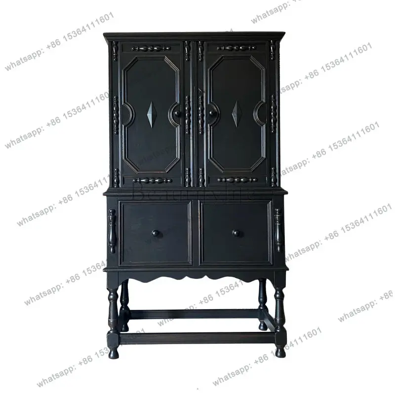 

. French living room storage dining side cabinet double door solid wood carving flower wardrobe American retro