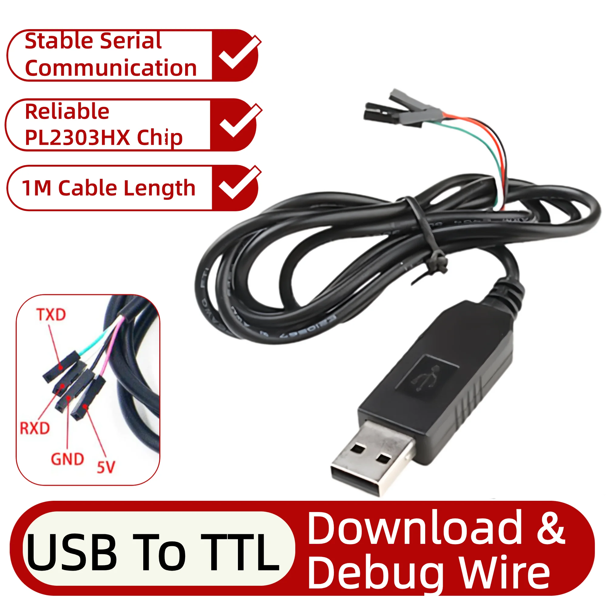 10-1PCS PL2303HX USB To TTL Serial Cable UART Download Debug Wire 1M For STM32 51 MCU Router Flash