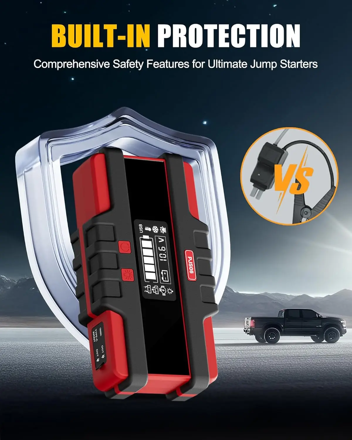 Arrancador de batería para automóvil PJS06 3000A, refuerzo portátil de 12 V con detección de voltaje y luz LED