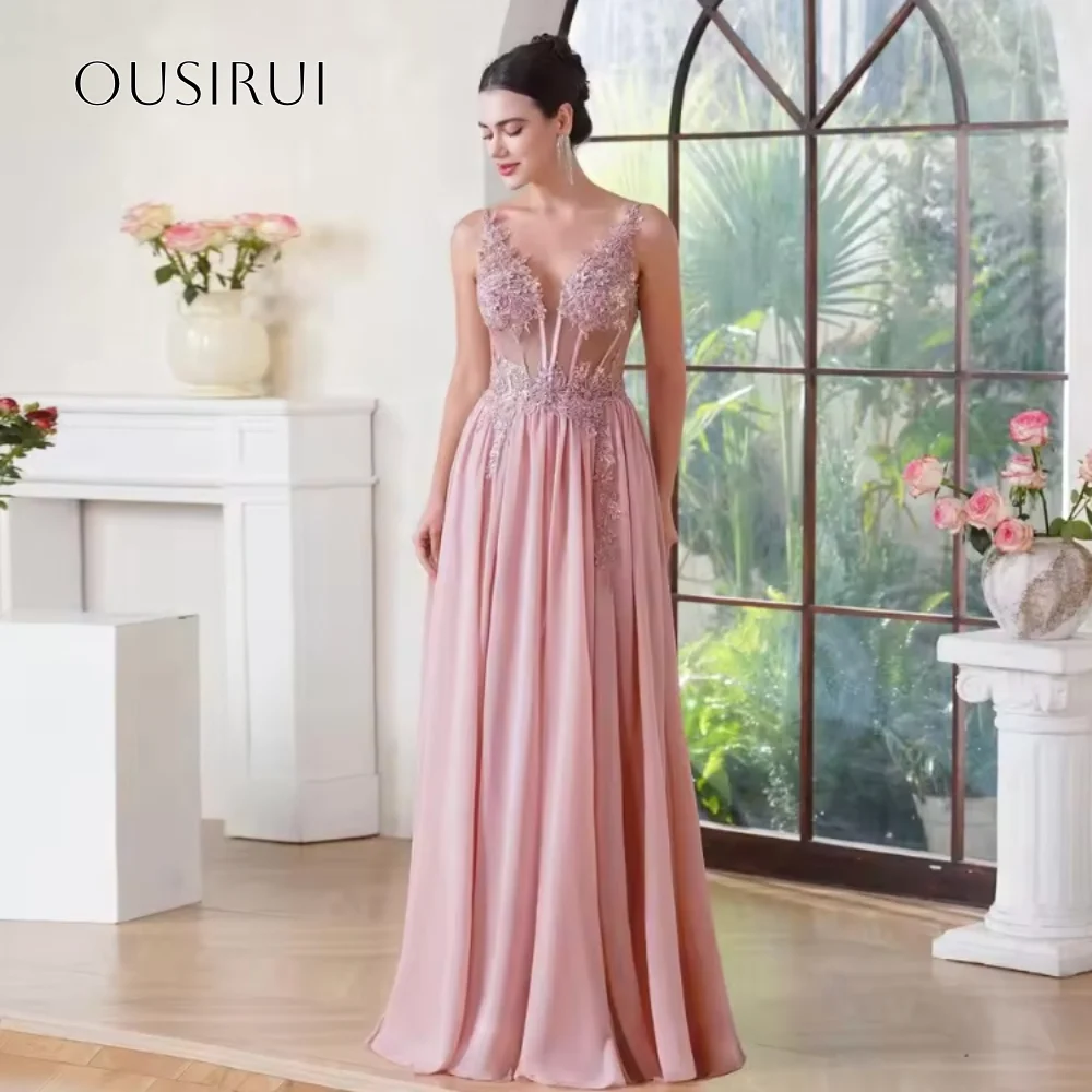 Abendkleid mit V-Ausschnitt und Spitze, ärmellos, bodenlanges Chiffon-Ballkleid, maßgeschneidertes Hochzeitskleid