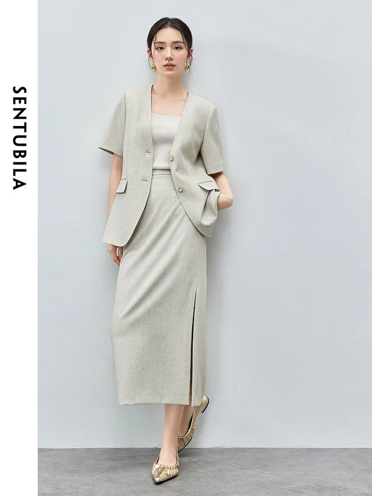 SENTUBILA 2 Piece Linen Skirt Set Women Elegant Outfits 2024 Autumn Shoulder Pads V Neck Blazer Straight Split Skirt 143Z54007