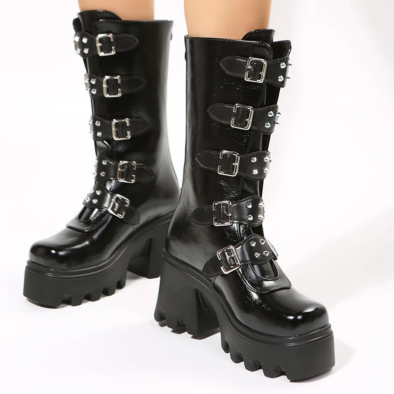 Novo outono feminino grosso meados de bezerro botas cabeça redonda rebite fivela de cinto sola grossa anti-deslizamento resistente ao desgaste botas de salto alto