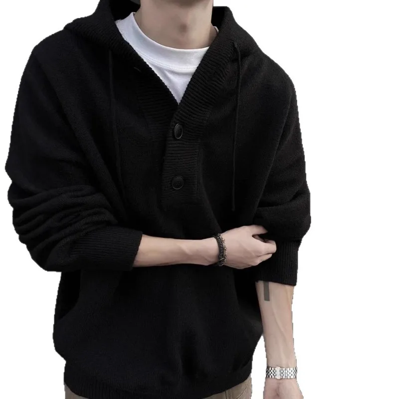 Grijze Amerikaanse retro gebreide trui met capuchon voor heren Winter dikke luie stijl trui Zwaargewicht binnenslaag sweatshirtjack